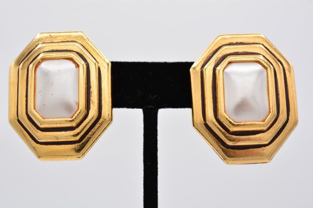 Diva Vintage Clip On Earrings Faux Pearl Antiqued Gold Heavy Chunky Signed BinAY